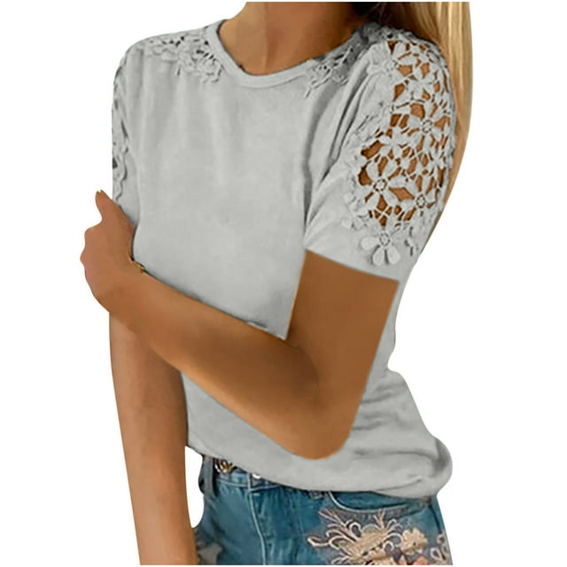 Top de manga corta de encaje y croché para mujer - Blusa informal de cuello redondo, poliéster, diseño con hombros al aire, corte holgado, ropa de primavera/verano, tallas S-XXL, contorno de pecho