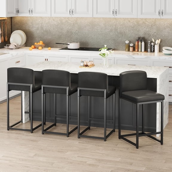 Bar Stools Set of 4, Modern Counter Height Bar Stools with Back and Footrest, Faux Leather Upholstered Barstools Chairs for Kitchen Island Dining Room Bar, Black