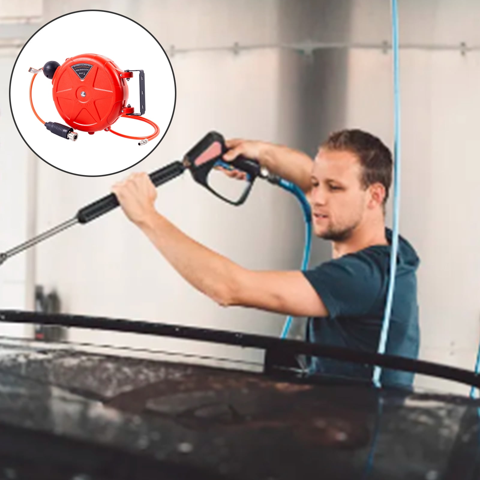 Space Saving Automatic Hoses Reel with Smooth Air Flows 180° Swivels Hoses Reel for Household and Professional Use