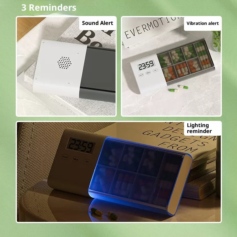 Smart Pill Organizer, Pill Box Alarm Clock, beep, Vibration, LED Light Flashing Remind to take Medicine, 7 Day Pill Organizer