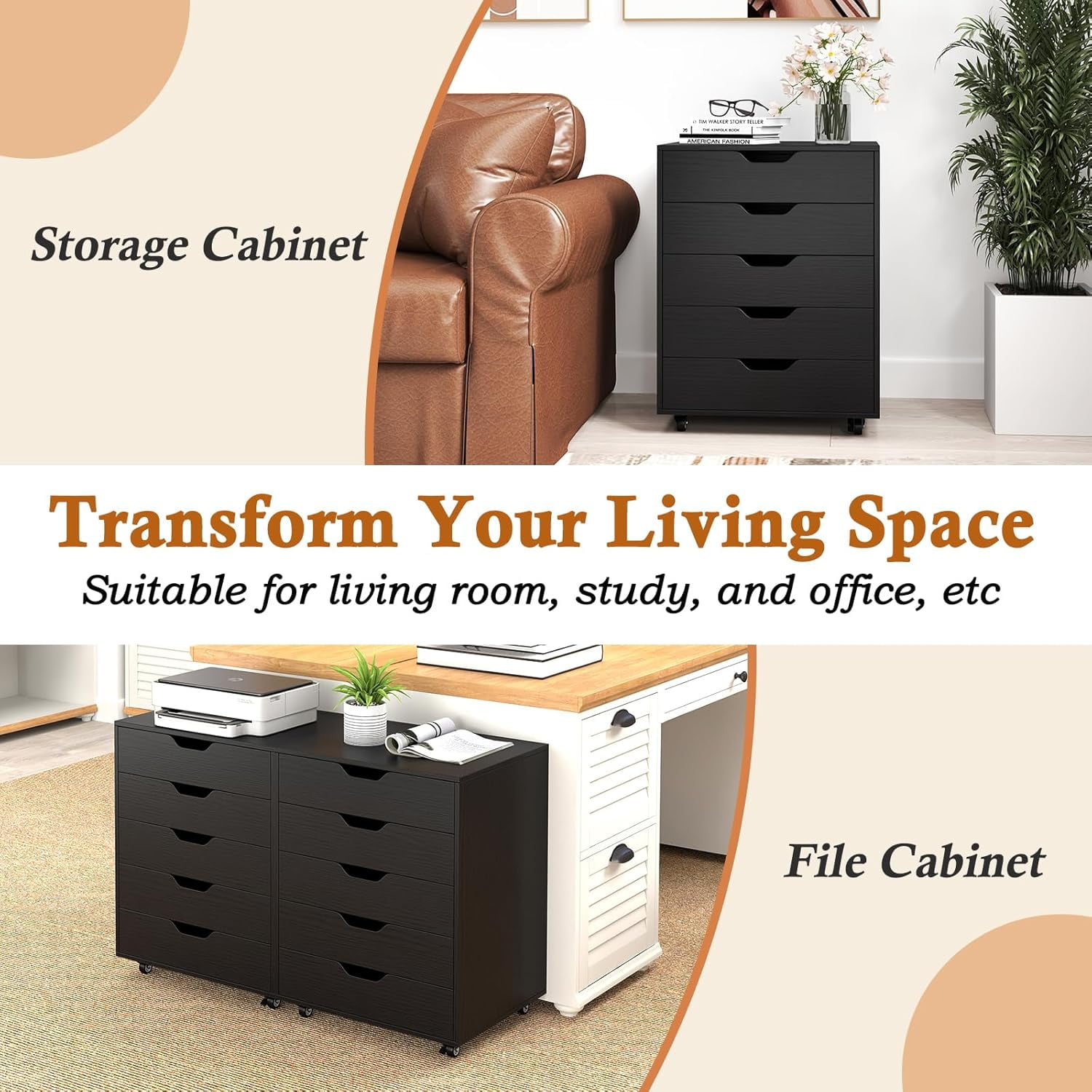 POWERSTONE 5 Drawers Chest Wood Storage Cabinets with Locking Wheels Filing Cabinet Under Desk Storage for Office Home, Black