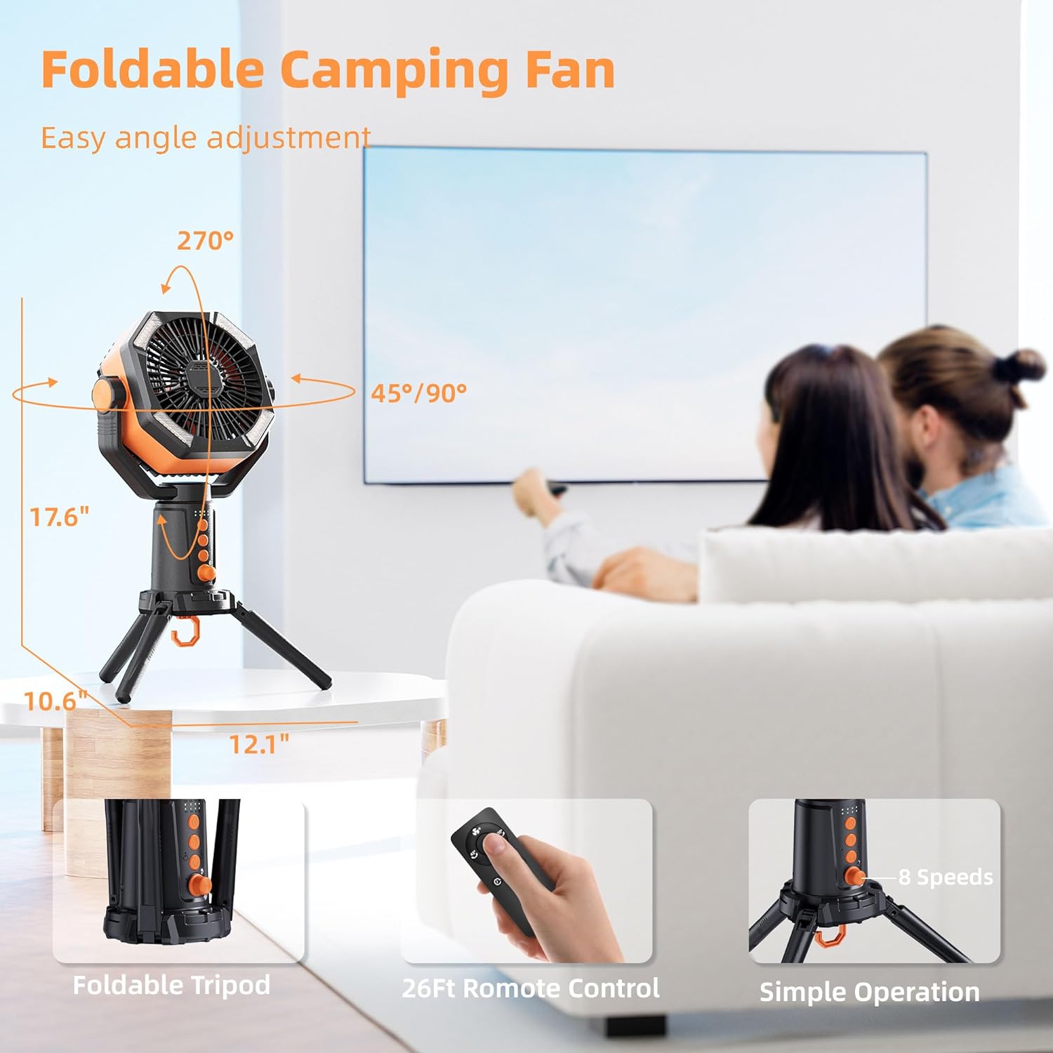 Table Fans Tripod, 20000mAh Rechargeable Battery Operated Portable Tent Fan with LED Lantern, Remote Control, Hook, 270° Pivot, Stepless Speed-Ideal for Camping, Picnic, Barbecue, Jobsite