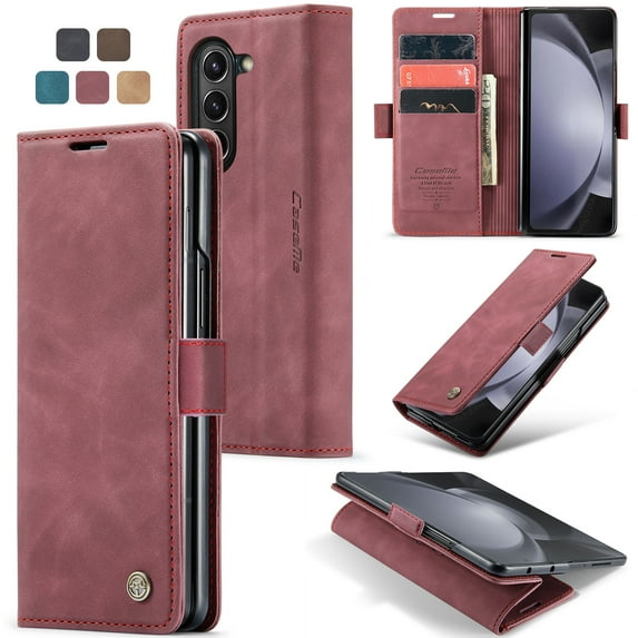 SaniMore Case for Samsung Galaxy Z Fold 5 7.6" 2023, Premium PU Leather Magnetic Cover Card Slots Cash Pocket Flip Kickstand Shockproof TPU Shell Full Protective Business Cover, Winered