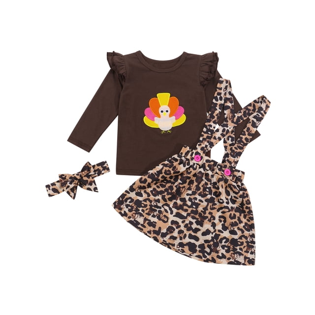 Faithtur Ensemble Costume Enfants Motifs Dinde Col Rond Manches Longues + Jupe à Bretelles Léopard + Bandeau