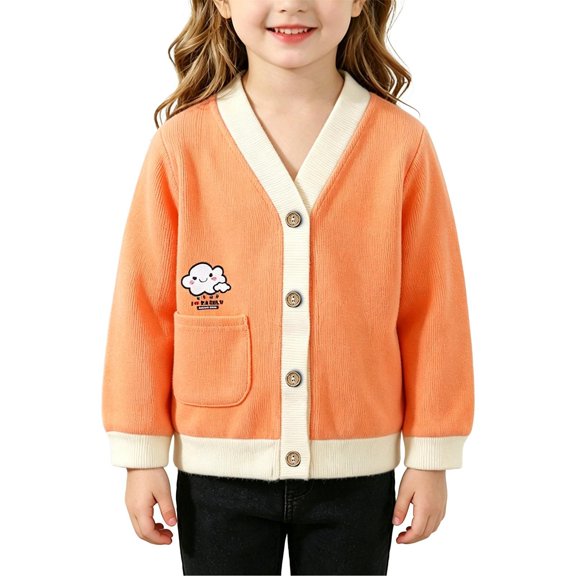 CPNG Girls Knit Cardigan Coat Button Down V Neck Long Sleeve Jacket with Cute Embroidery Lightweight Casual Cardigan Sweater