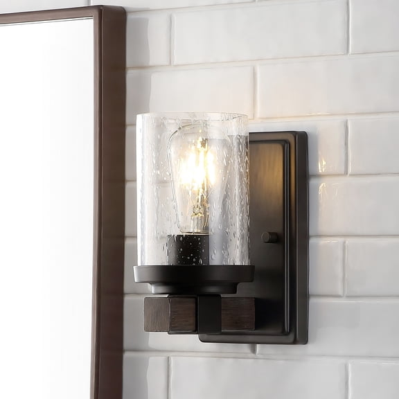 JONATHAN Y Bungalow 4.5" 1-Light Iron/Seeded Glass Rustic Farmhouse LED Vanity Light, Oil Rubbed Bronze