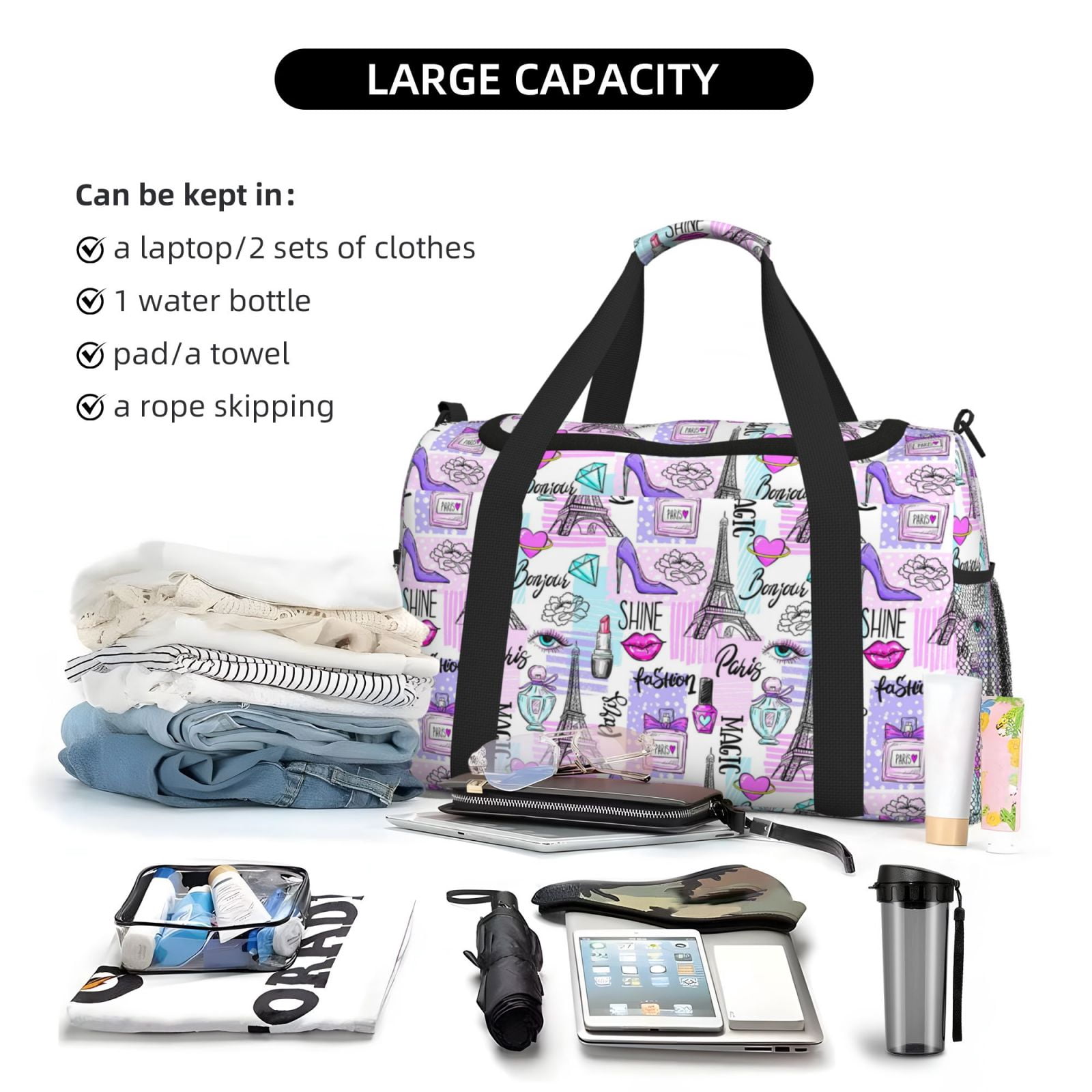 Fuzoiu Eiffel Tower and Hearts Print Travel Duffle Bag,Carry On Tote Bags,Duffel Bag,Sport Gym Bag, Hospital Bag for Labor and Delivery, Overnight Bag,Luggage Bag