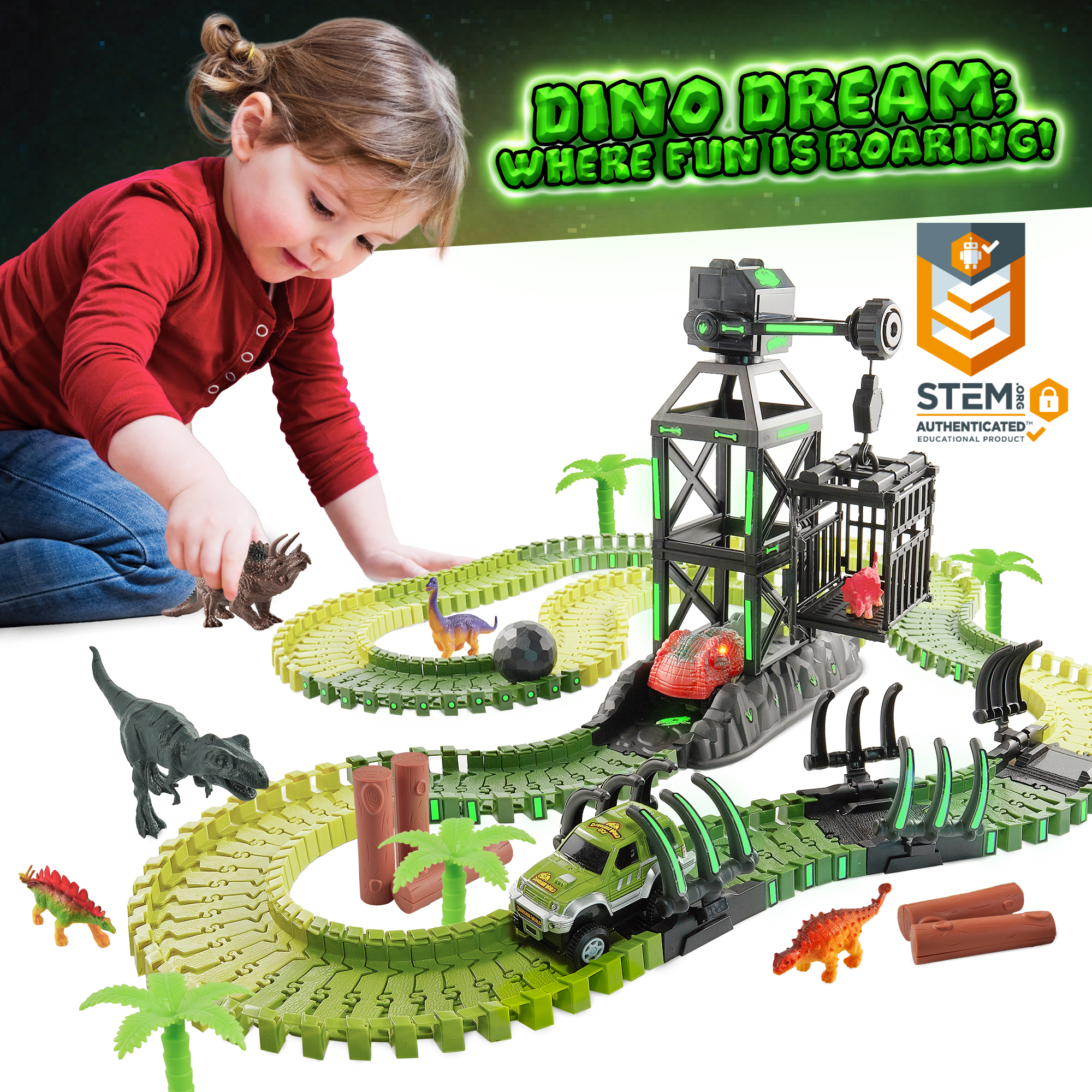 USA Toyz Dinosaur Race Track STEM Playset 225 Pieces Summer Toy for Kids Ages 3+