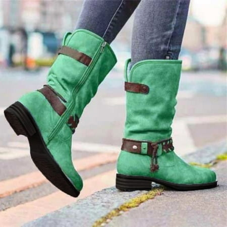 

Foraging dimple Womens Shoes Winter and Autumn Belt Buckle Cashmere Warm Home Snow Boots Green