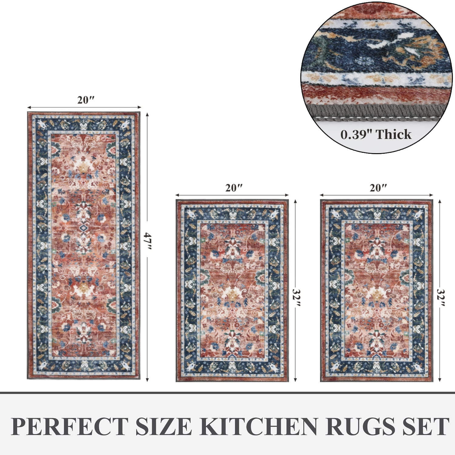 Kitchen Rugs and Runners Set of 3, Yamaziot Kitchen Mat for Floor, Non Slip Skid Comfort Washable Farmhouse Carpet for Laundry Room Sink, 20"x32"+20"x32"+20"x47"