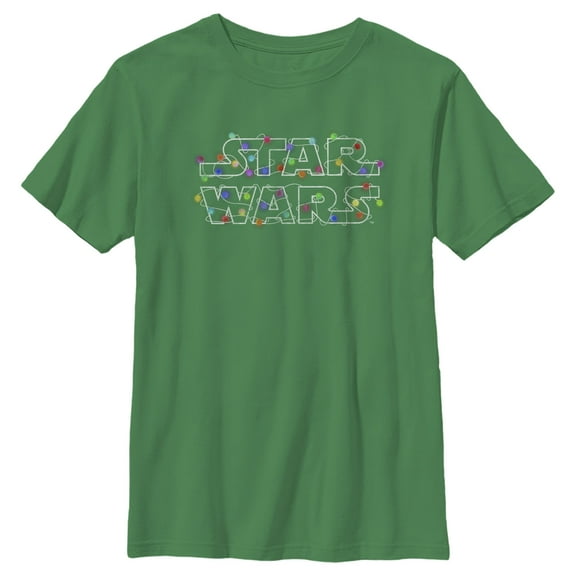 Boy's Star Wars Christmas Logo String Lights Graphic Tee Kelly Green X Small