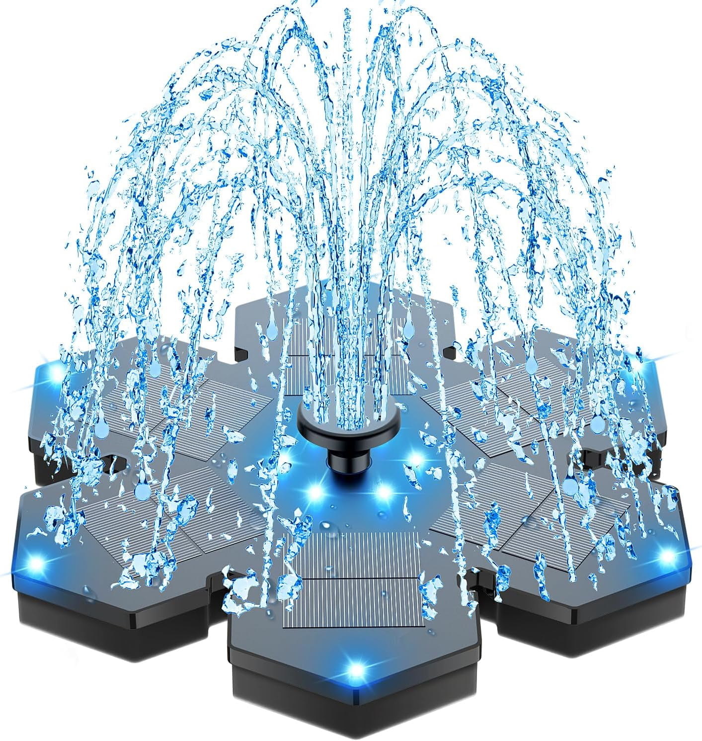 3.5W Upgraded Solar Fountain, Snowflake Double Layer Colorful Lights, 2000mAh Battery, 4 Fixed Brackets & 7 Nozzles, Outdoor Fountain for Garden, Patio and Pond Decoration