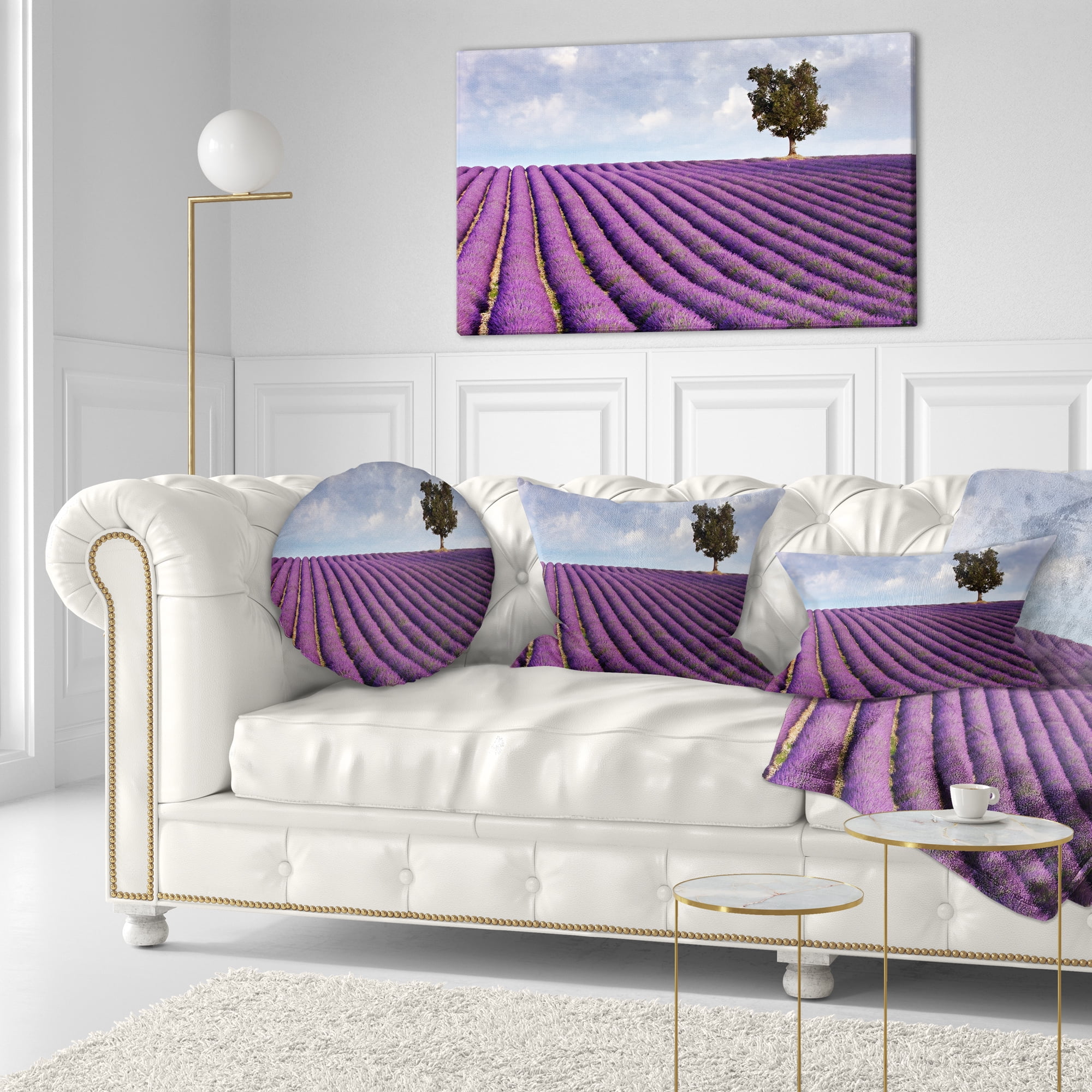 Designart Lone Tree in Provence Lavender Field - Landscape Printed Throw Pillow - 12x20