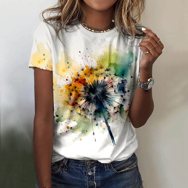 T-shirt Décontracté d'Été pour Femmes, Col Rond, Manches Courtes, Imprimé Floral, T-Shirt Décontracté pour Femmes, Col Roulé, Chemises de Compression pour Dames, Manches Longues