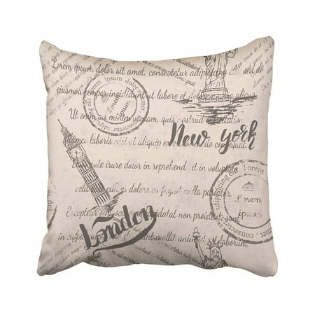 New York Throw Pillows WOPOP Faded Text Stamps And The Statue Of Liberty With Lettering New York Big Ben London Pillowcase Throw Pillow Cover 18x18 inches ()