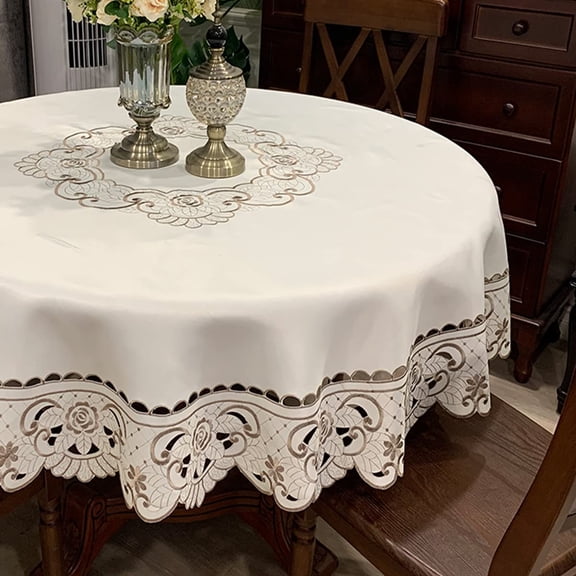 Round Table Cloth Flower Embroidered Lace Tablecloth Wrinkle Free & Stain Resistant Fabric Tablecloths Table Cover for Kitchen Dinner (Round 150cm)