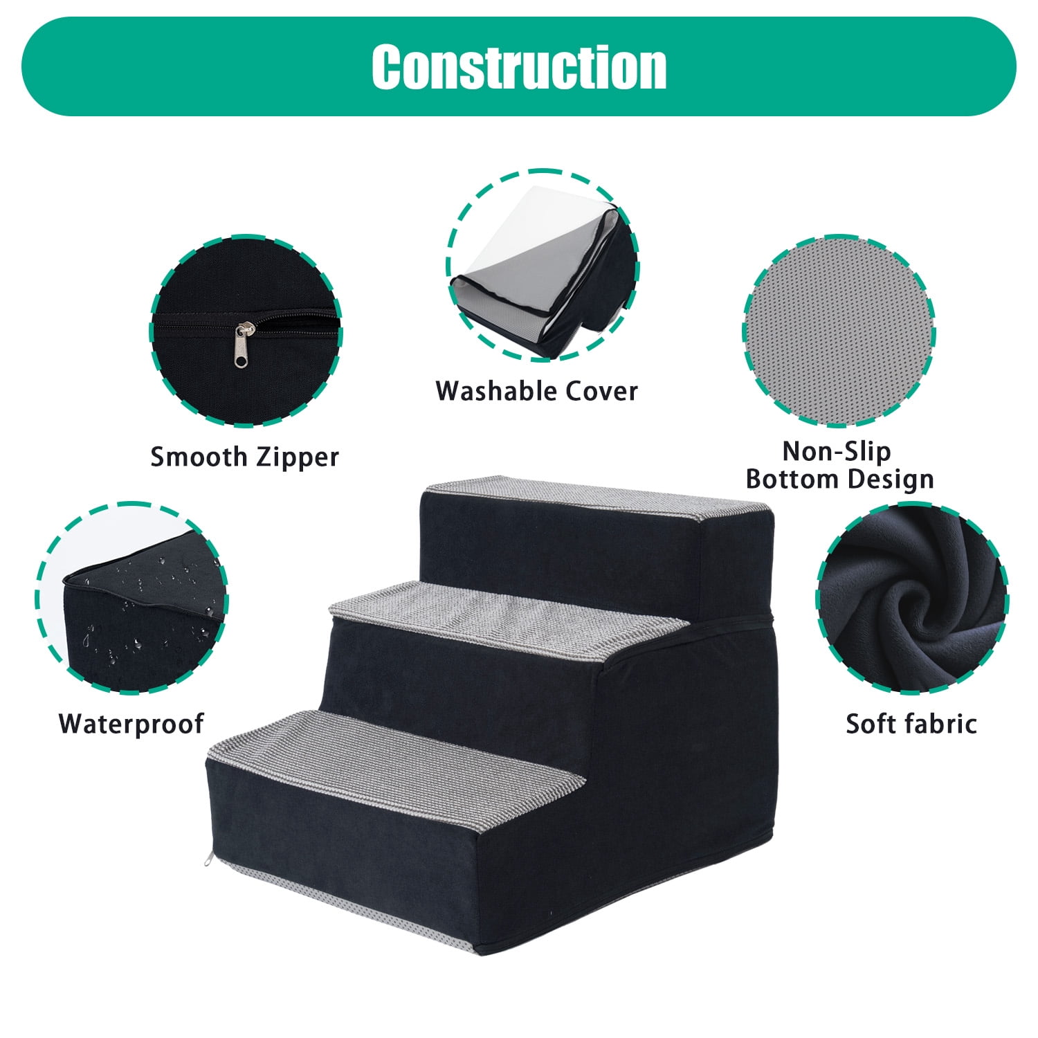 3-Step High Density Foam Pet Stairs, 13.6" H Non Slip Dog Steps for Small Medium Dogs Cats, Removable Washable Cover Indoor Climbing Ladder, Pet Ramp for Bed Couch Chair