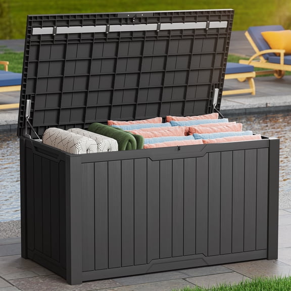 Uforic XXL 240 Gallon Outdoor Resin Deck Box, Weather Resistant Lockable Storage Container, Ideal for Patio Cushions, Garden Tools, Pool Supplies and Outdoor Sports Gear, Dark Gray