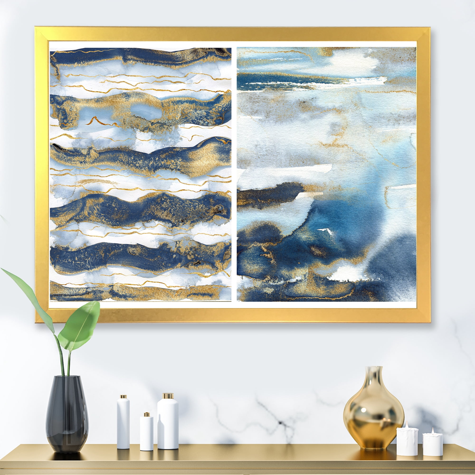 Designart 'Gold and Dark Blue Abstract Waves II' Modern Framed Art Print