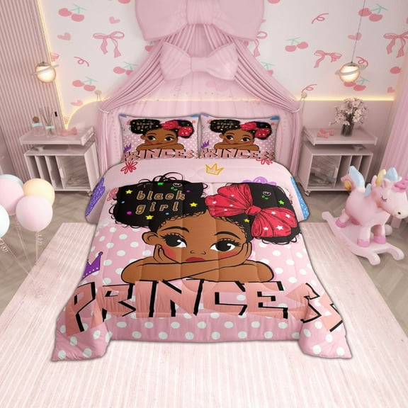Kawaii Princess Comforter Set Full Black Magical Full Bedding, Lovely Polka Dots Bedding Comforter Sets Cute Melanin Duvet Set, American African Woman Quilted Comforter