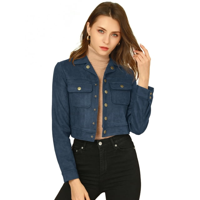 INSPIRE CHIC Veste Moto Courte en Faux Suède à Col Rabattu pour Femmes