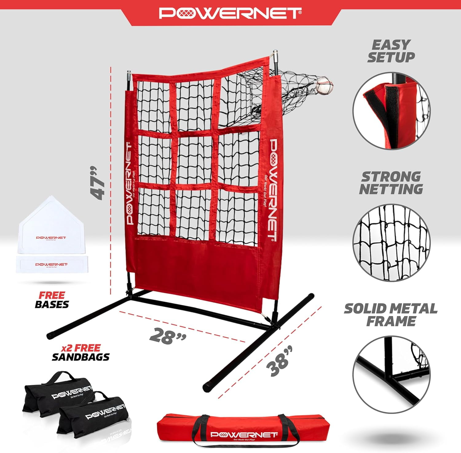 PowerNet Pitching Zone Pro Strike Zone Softball & Baseball Net, Portable Pitching Net with Targets, Includes Sandbags & Carry Bag