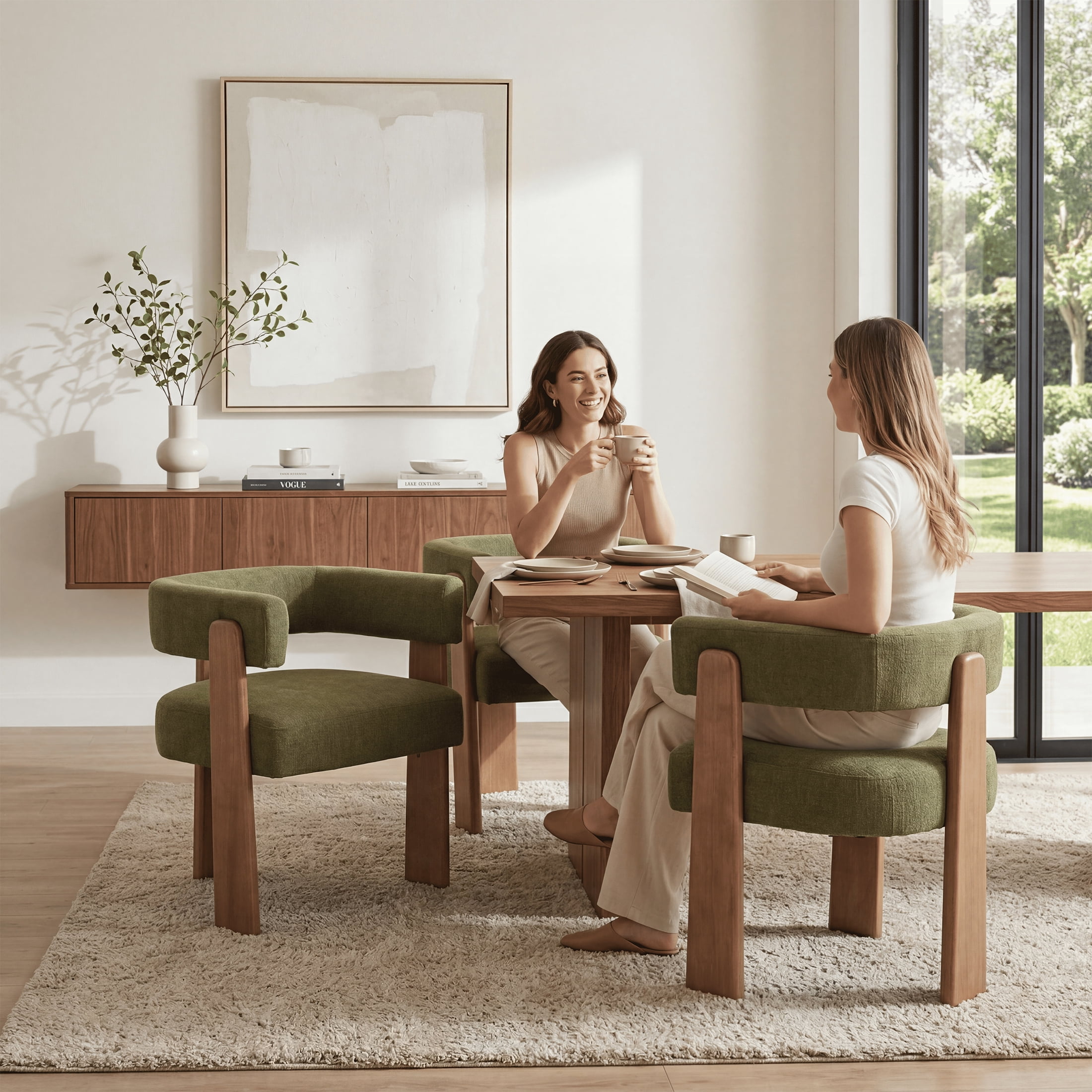 Guyou Barrel Dining Chairs Set of 4, Modern Linen Upholstered Dining Room Chairs with Curved Back, Farmhouse Wooden Accent Side Armchairs for Dining Room, Living Room, and Kitchen, Green