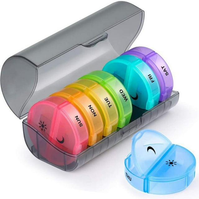 Pastillero semanal de 14 compartimentos, pastillero de 7 días, caja de viaje de colores