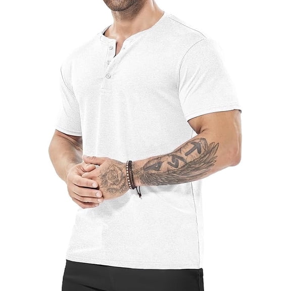 ICEMOOD Mens Henley Shirt Dry Fit Athletic Slim Fit T Quick Dry Tshirt Short Sleeve Casual 3 Button Basic Tee Moisture Wicking Tech Polo,White,Medium