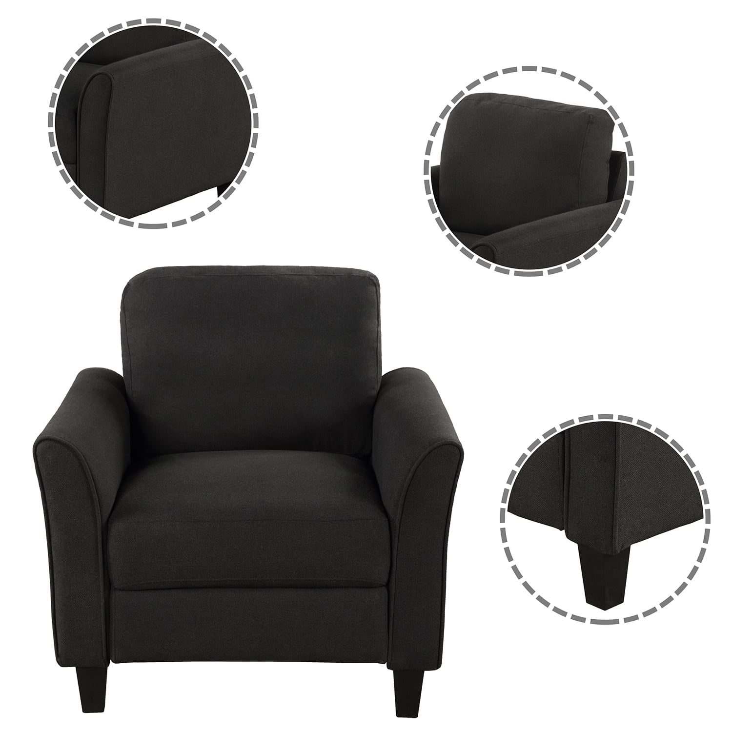 Kadyn Modern Linen Single Sofa Chair, Upholstered Accent Living Room Chair, Armchair Sofa for Reading, Lounging, Black