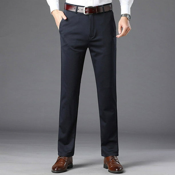 Pantalones largos para hombre, lisos, informales, de negocios, con bolsillos, para exteriores, con botones y cremallera, de poliéster.