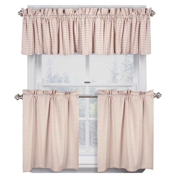 Native Fab 3 Pieces Window Curtain Tiers and Valance Set - Farmhouse Vintage Kitchen Tiers and Valance Set Rod Pocket - Beige White