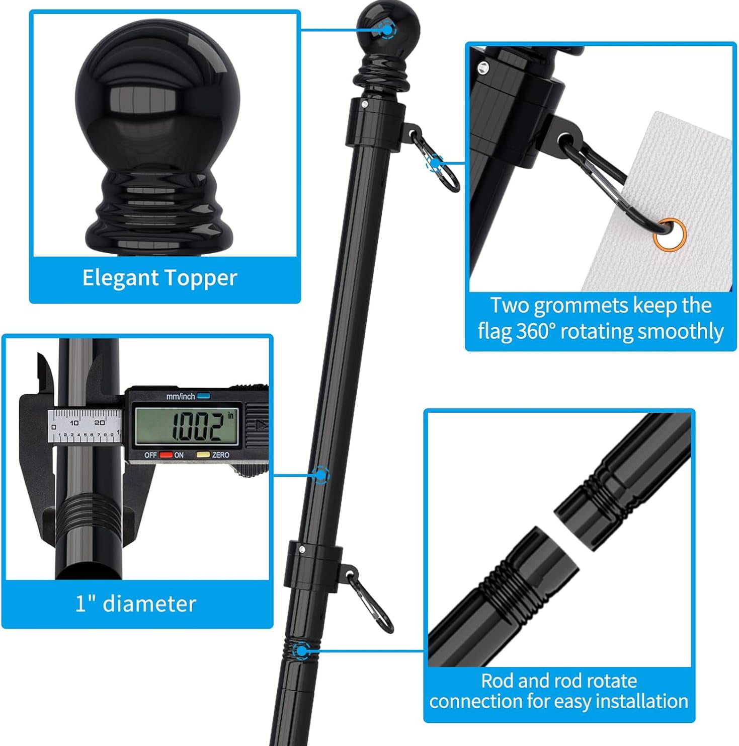 FIASON 2 Pack 6 FT Black Stainless Steel Tangle Free Wall-Mounted Flag Pole with Upgraded Bracket, Flag Pole Kit for Outside House, Residential or Commercial for American Flag (Without Flag)