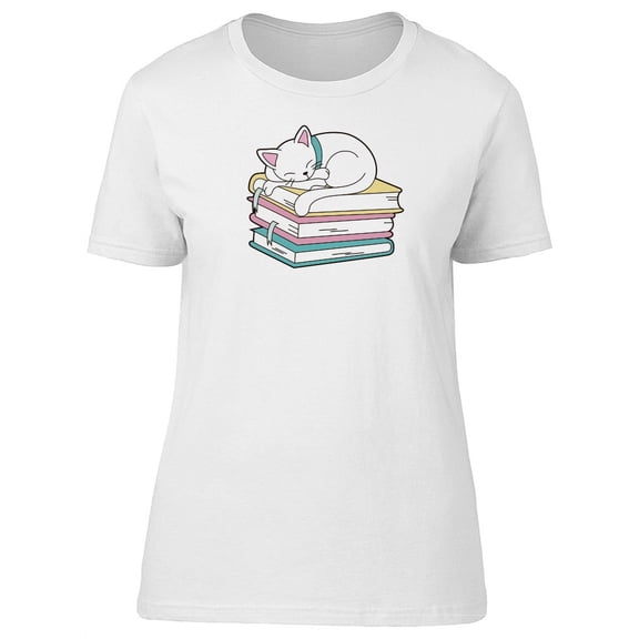Cute Cat Sleeping On Books T-Shirt Women -Image by Shutterstock, Female XX-Large