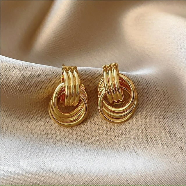 High End Light Luxury Copper Geometric Earrings Gold Retro Style Cute and Trendy Design Versatile Bezel Setting for Gift