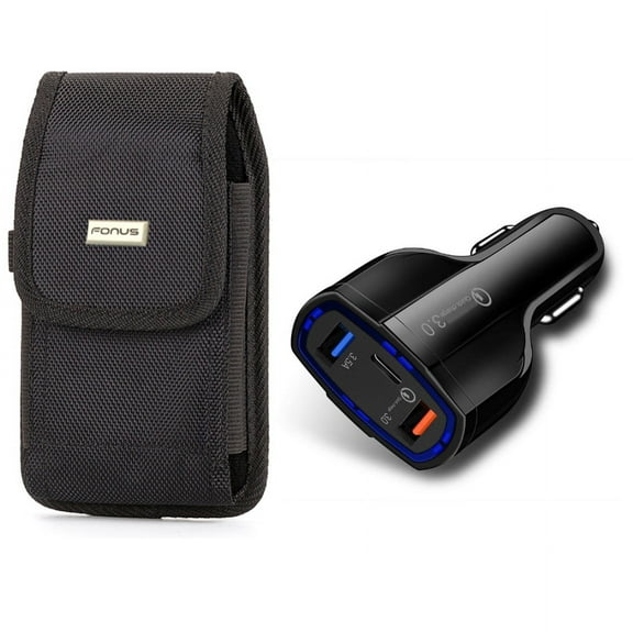 Case Belt Clip & Quick Car Charger for iPhone 15 Pro - Rugged Holster Canvas Cover and 48W 3-Port USB Type-C Port Power A6Z for iPhone 15 Pro (6.1")