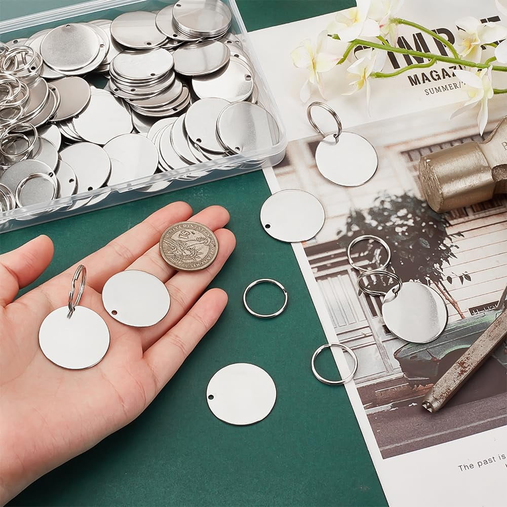 120Pcs Metal Engraving Blanks 1.2 Inch Stainless Steel Stamping Blanks with Key Rings Round Blank Tags Metal Tags with Holes Stamping Tag Pendants for DIY Crafts Necklace 1box