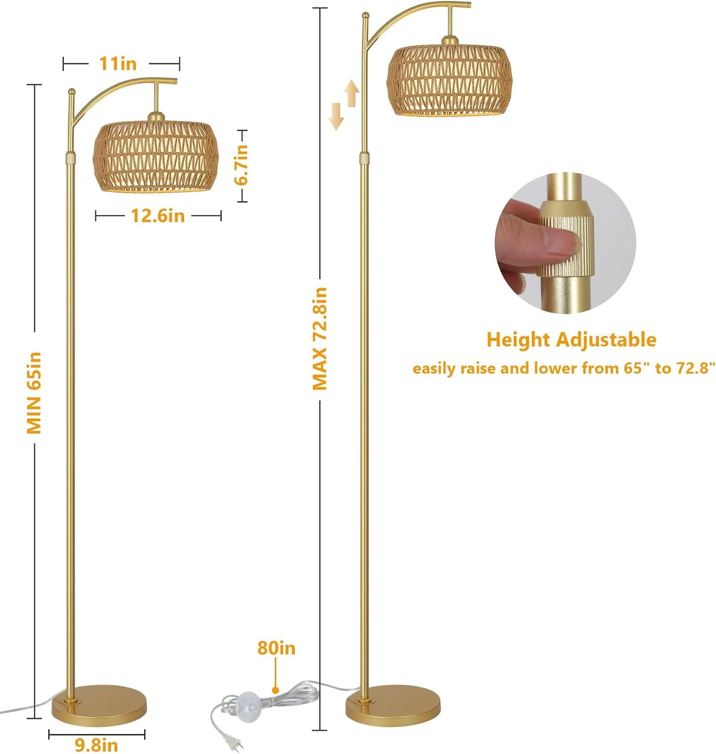 Arc Floor Lamp with Rattan Shade, LED Standing Lamp with Remote, Dimmable, Adjustable
