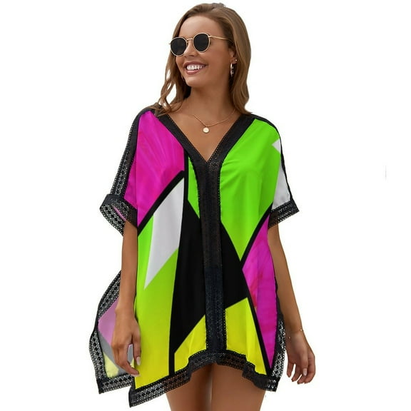 Neon Color Blocking Printed Women's Swimsuit Cover Up Summer Swimsuit Dress