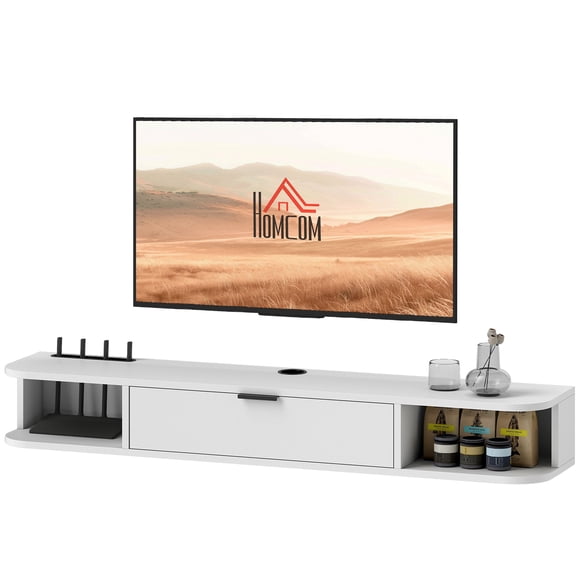 Floating TV Stand, 47" White Media Console with Drawer & Shelves - Wall Mounted TV Unit for Living Room, Up to 50" TVs