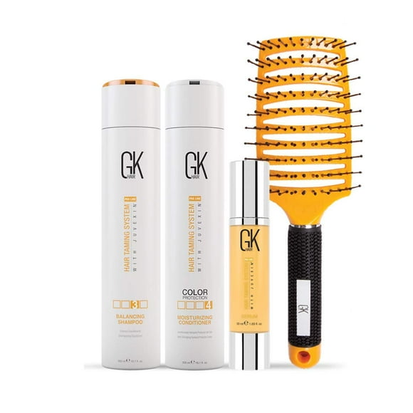 Global Keratin GK Hair Balancing Shampoo & Conditioner 300ml Set - Organic Argan Oil Serum 50ml For Frizz Control Dry Damage with Vent Brush 2.5 Inch