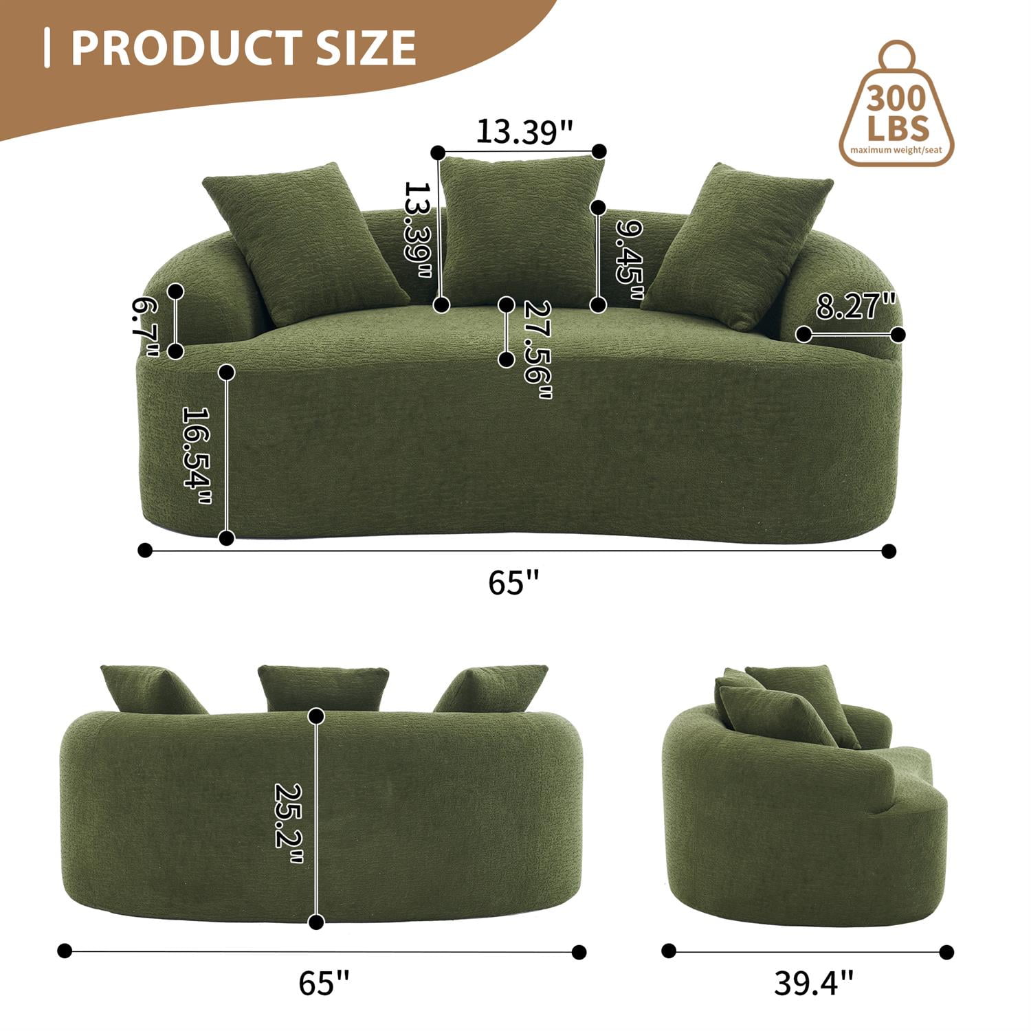 Demi Bonn 65" Compact Curved Loveseat Sofa with Chenille Fabric, Full Compression Sponge for Small Spaces, Supports up to 300 lbs, No Assembly Needed, Green
