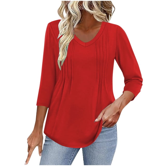 Olyvenn Chemises d'Été pour Femmes Décontractées Col en V Plissé Manches 3/4 T-Shirts Mode Ample Respirant Tunique de Sortie de Rue Rouge P