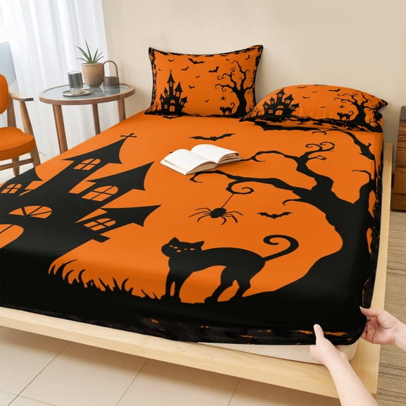 King Size Fitted Sheet Set - Orange Halloween 3 Piece Bedding Sets 16" Deep Pocket Fitted Sheet with 2 Pillowcases, Scary Castle Bats Tree Silhouette Brushed Microfiber Hotel Luxury Bed Sheets