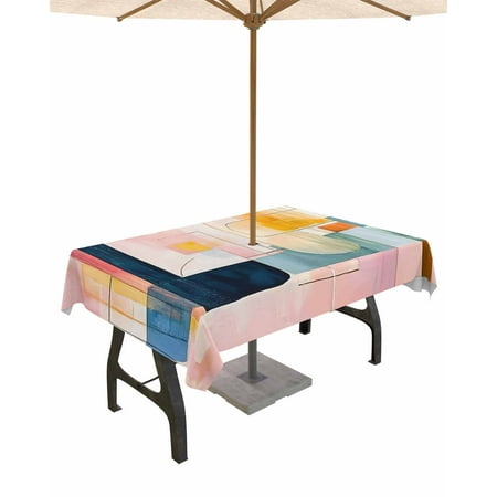 

Outdoor Tablecloth with Umbrella Hole & Zipper Pink Geometric Rectangle Tablecloth 60x84 Inch Middle Century Abstract Artwork Patio Table Cover Waterproof Table Cloth for Picnic/Party