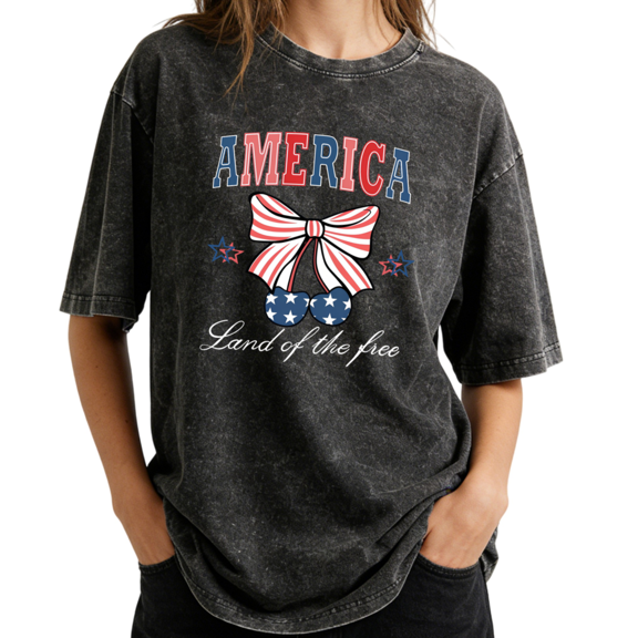 Patriotic America Cherry Bow Land Of The Free Wash Print Tshirt S-2XL Washed Black Graphic Tees Casual Shirts for Independence Day Tops