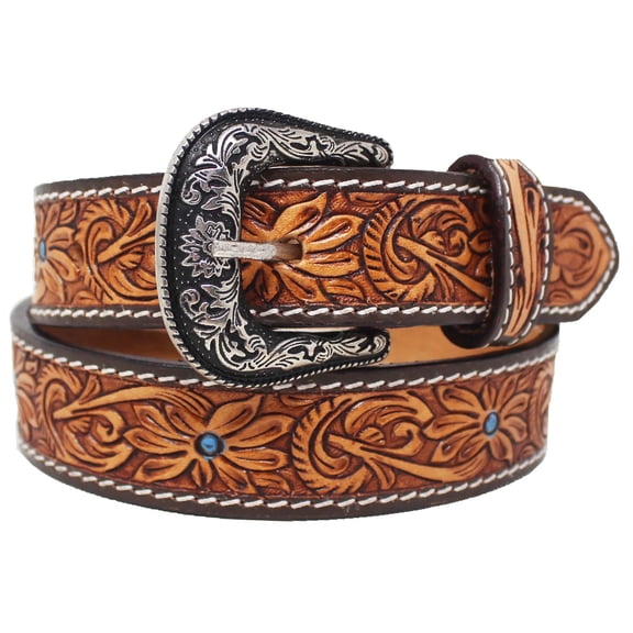 36  Kids Western 1-1/4" Antique Floral Tooled Full-Grain Leather Belt 26RS06C