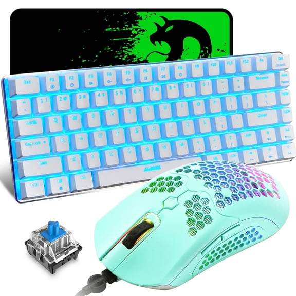 AK33 Gaming Keyboard and Mouse Combo, 82 Key Backlight Mechanical Gaming Keyboard,65G Lightweight Honeycomb Mouse with 12000DPI Programmable, Mouse Pad for PC Gamer -White/Green