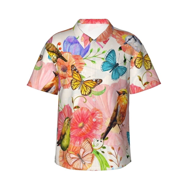 Balery Flowers And Birds Watercolor Camisas hawaianas de manga corta para hombre, camisas playeras de corte holgado, camisas de vacaciones con botones,Medium