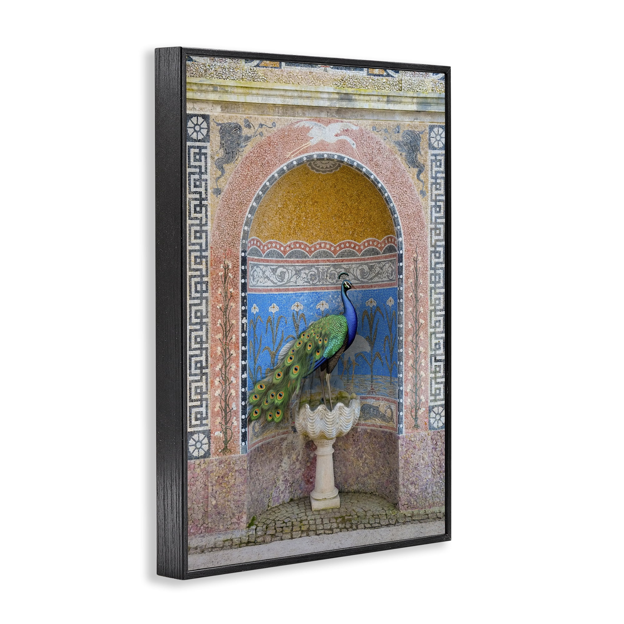 Stupell Industries Peacock with Traditional Architecture Novelty Painting Black Framed Art Print Wall Art, 16 x 24